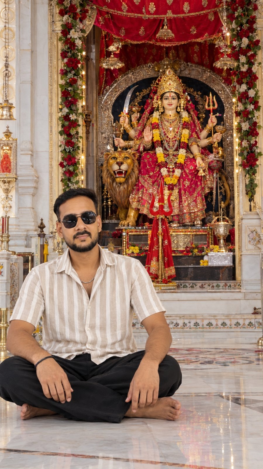 Young man sitting on marble floor in front of decorated Mata Rani temple with lion and red trishul