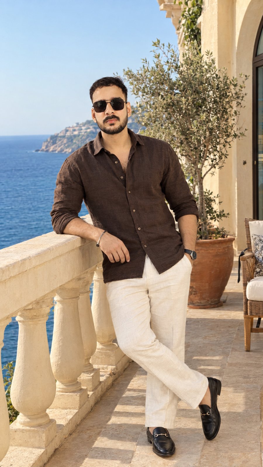 Young man standing in front of seaside terrace overlooking a beautiful deep-blue ocean.