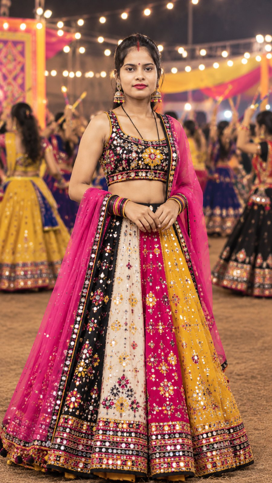 Girl wears a modern designer-inspired mirror-work lehenga with bold black