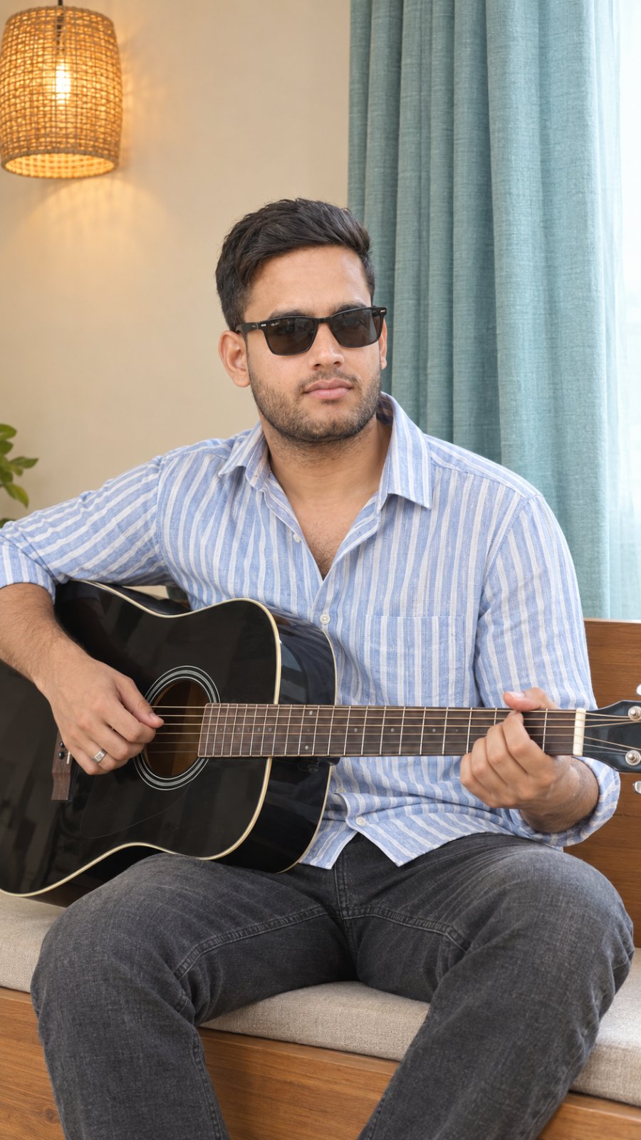 A young man wearing sunglasses and a light blue striped shirt is sitting indoors while playing a black acoustic guitar. The warm lamp, wooden seating, and teal curtains create a relaxed.