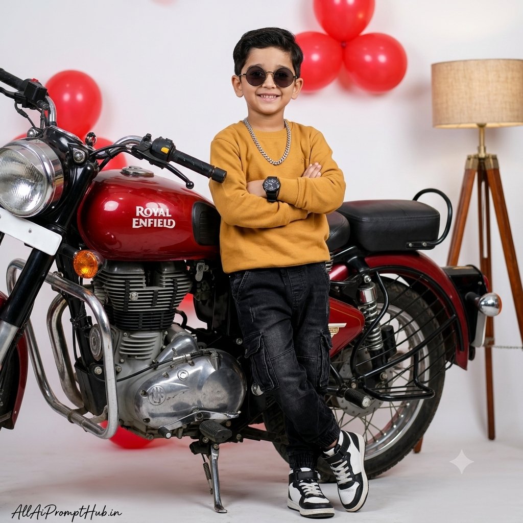 A confident young South Asian boy standing and leaning against a classic red Royal Enfield motorcycle in a professional indoor studio