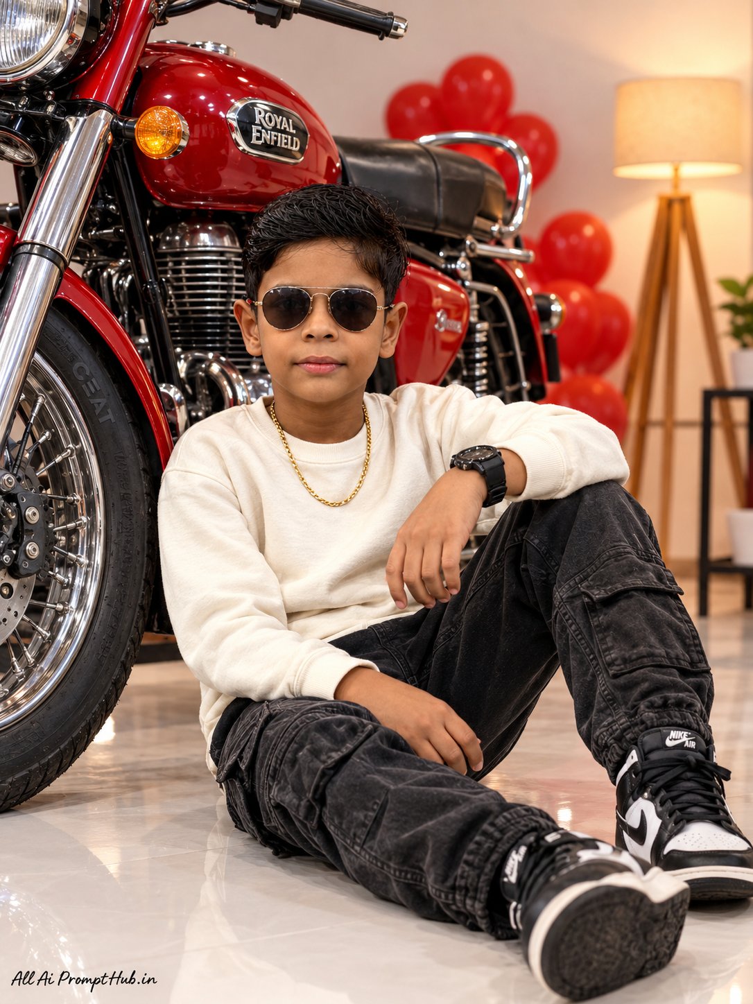 A confident young South Asian boy sitting on a clean white floor and leaning against the front tire of a classic red motorcycle