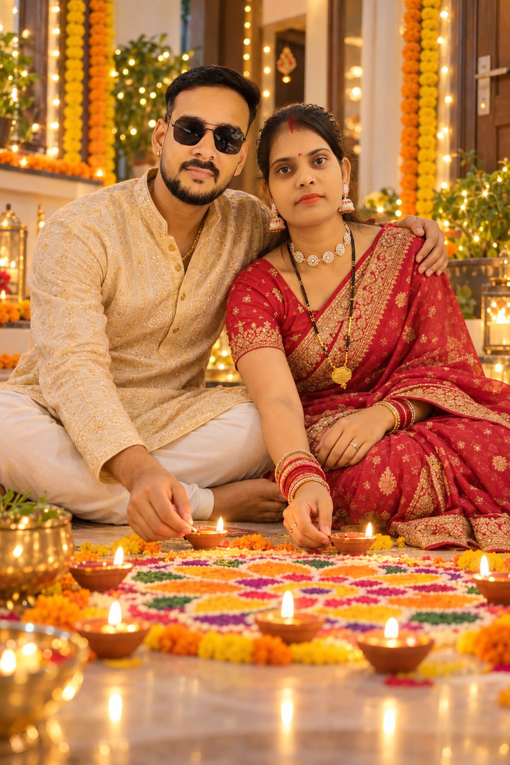 A photorealistic Indian couple sitting together in elegant traditional festive outfits while lighting diyas beside a colorful rangoli.