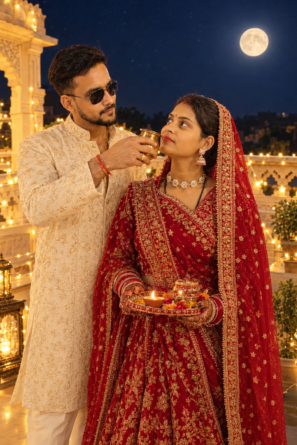 A beautiful couple celebrates Karwa Chauth under the moonlight, sharing a heartfelt moment of love, devotion, and togetherness on a beautifully illuminated royal terrace